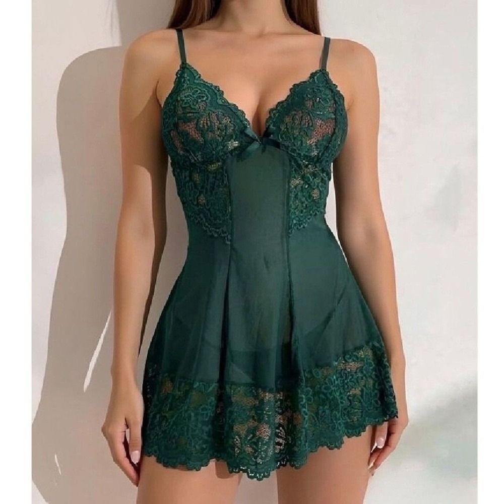 Green Lace Babydoll Nightgown Mesh Chemise Scallop Trim Lingerie Set XXL
